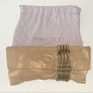 JIMMY CHOO Gold Suede Metal Clutch